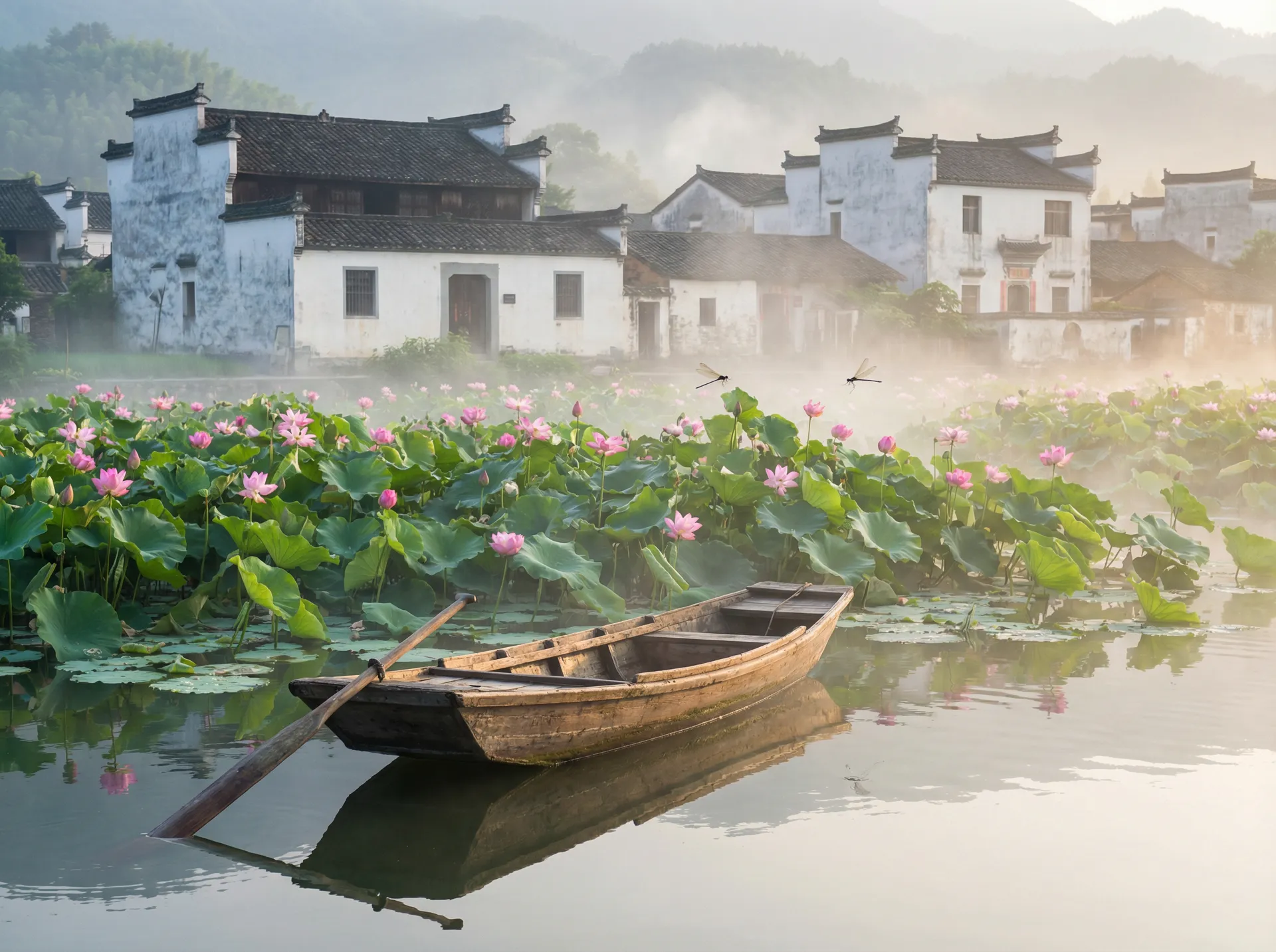 清晨荷塘小舟，粉色荷花盛开，白墙黑瓦的村庄 - 人猿泰山qvod 水乡风情